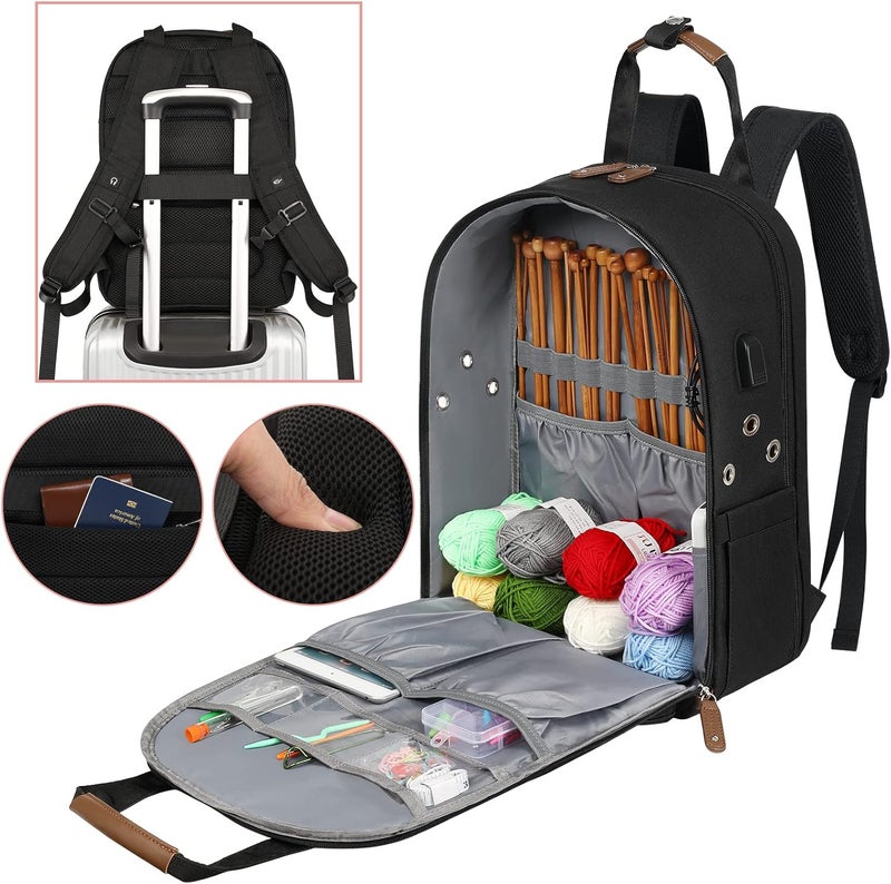 SINVICKO Crochet Bag, Knitting Bag Backpack and Totes Organizer with USB Charging Port, Large Yarn Storage Tote Bag - Image 4